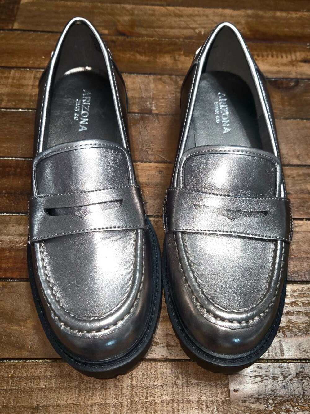 Arizona Jean Co Metallic Silver Pewter Penny Loafers Lug Sole NWOB Cyber